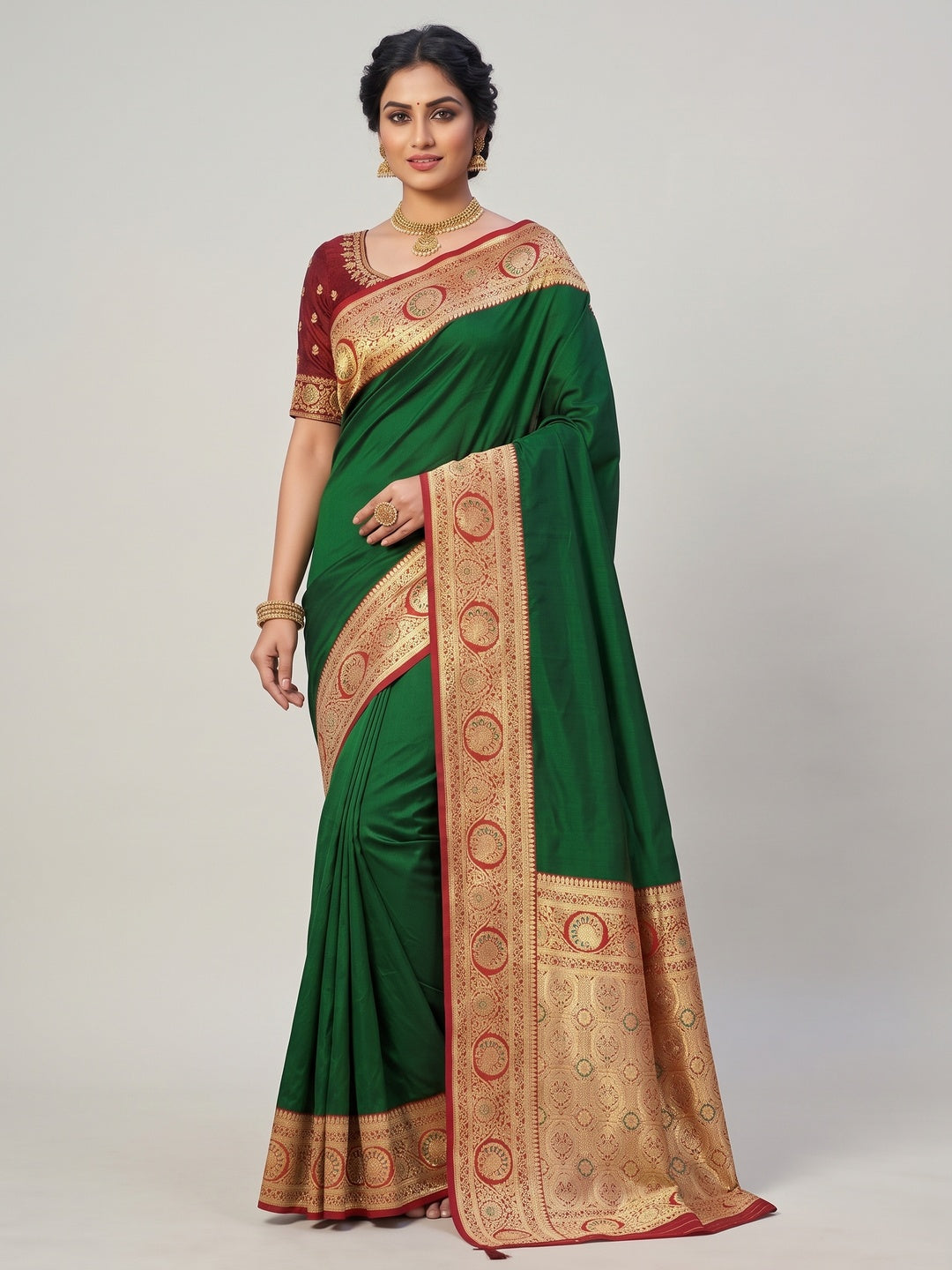 Dark Green Pure Silk Saree with Fine Woven Border and Ready Made Stitched Blouse - Image 4