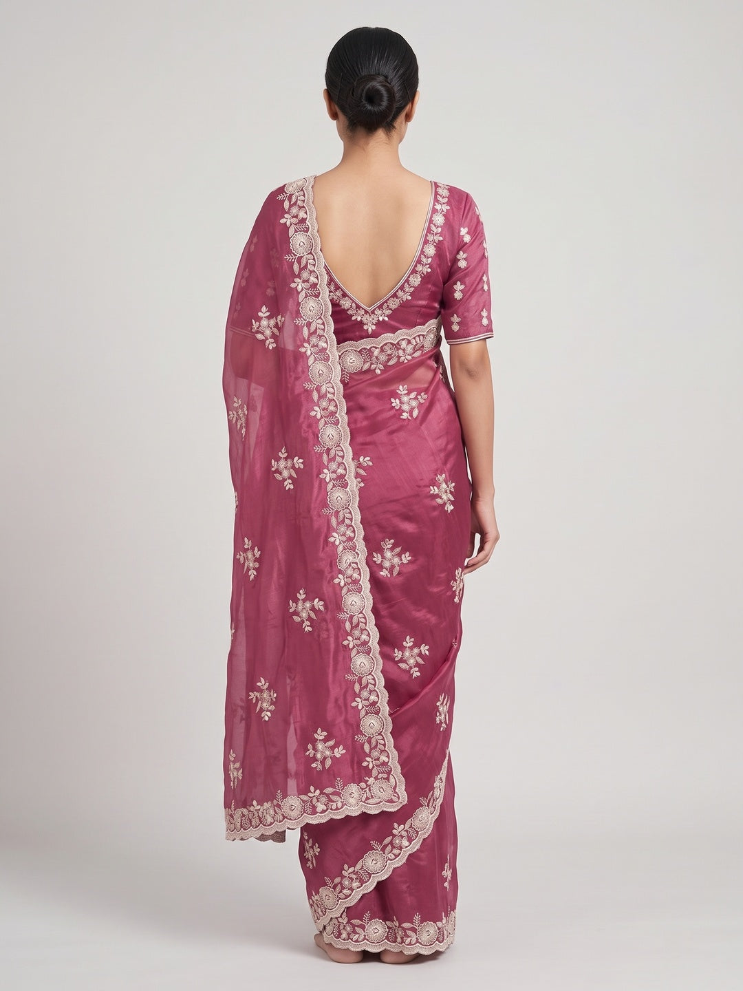Pink Shimmer Silk Saree with Graceful Floral Embroidery - Image 2
