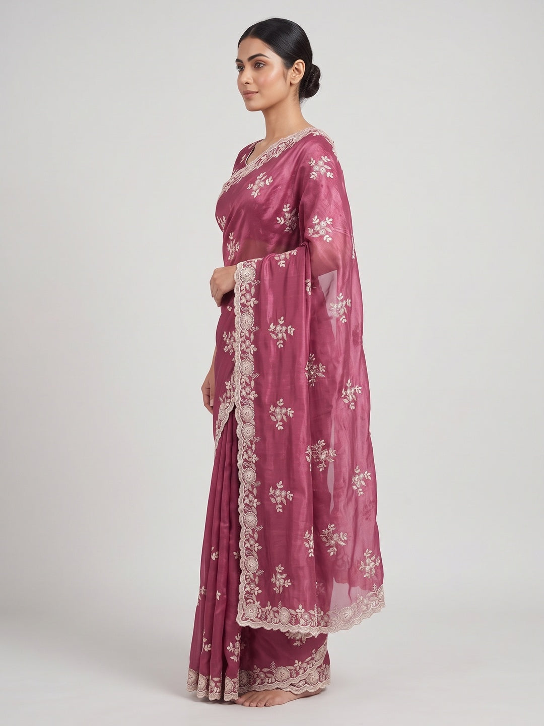Pink Shimmer Silk Saree with Graceful Floral Embroidery - Image 3