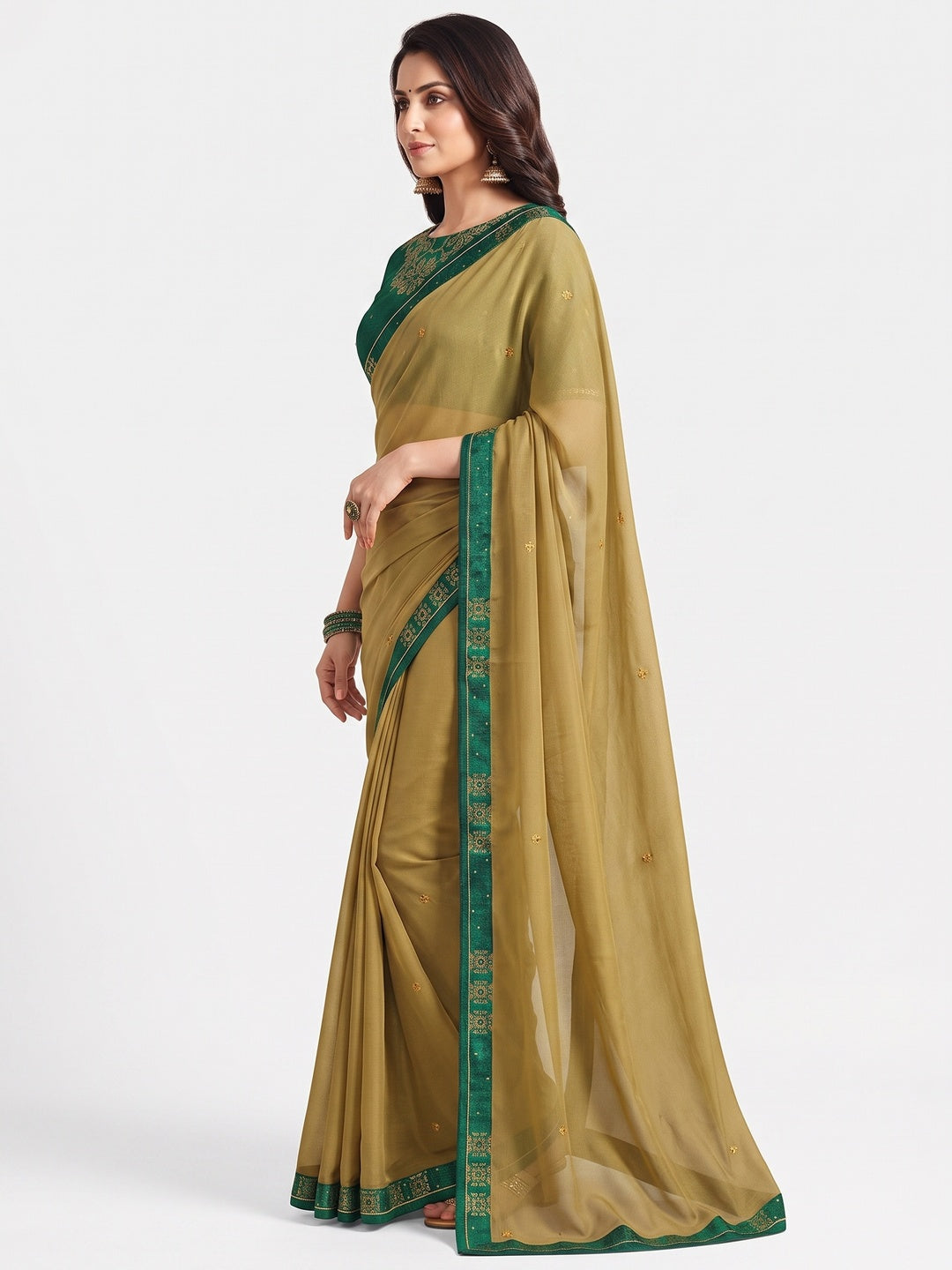 Mustard Swarovski Work Art Silk Saree - Image 4