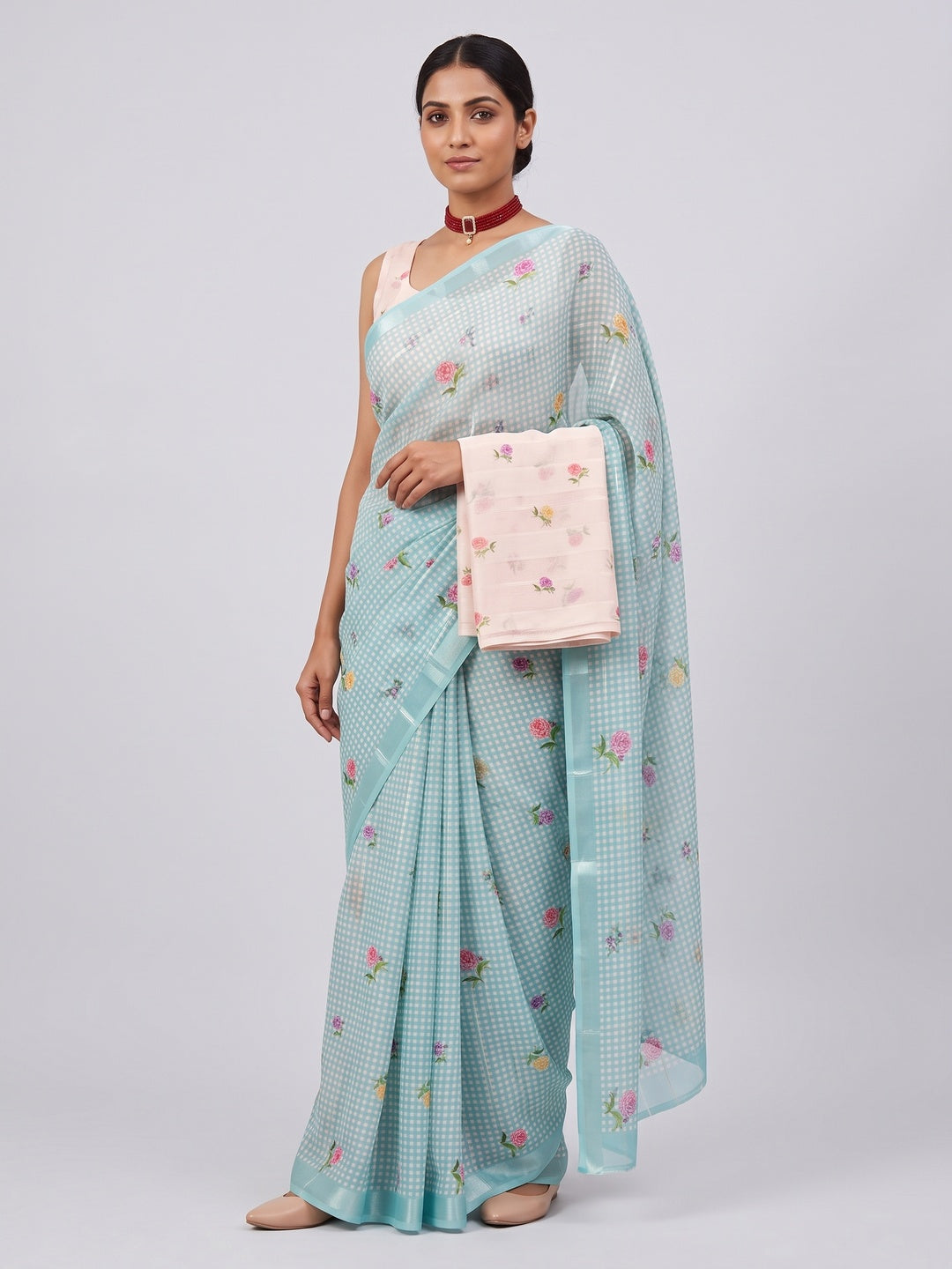 Elegant Sky Blue Floral Digital Printed Georgette Saree With Subtle Detailing - Image 1
