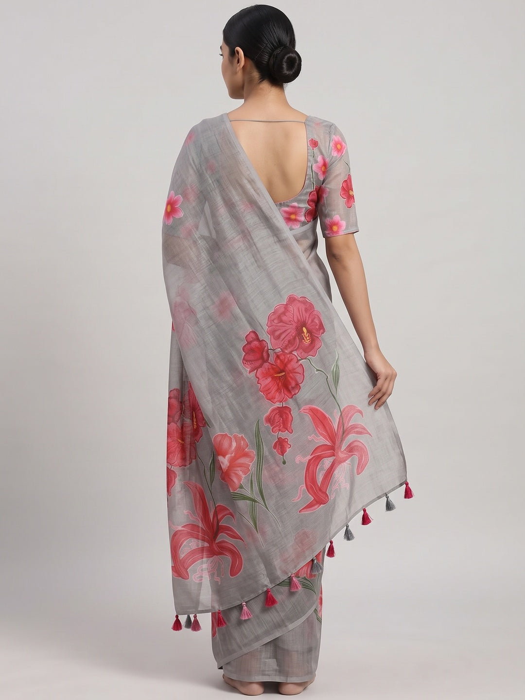 Grey Chanderi Cotton Saree Featuring Digital Floral Prints & Decorative Tassel Pallu - Image 2