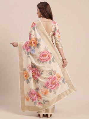Elegant Cream Floral Digital Printed Tussar Dola Silk Saree Adorned With Rich Zari Weaving Border - Image 2