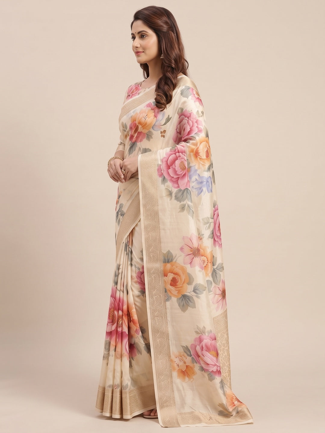 Elegant Cream Floral Digital Printed Tussar Dola Silk Saree Adorned With Rich Zari Weaving Border - Image 3