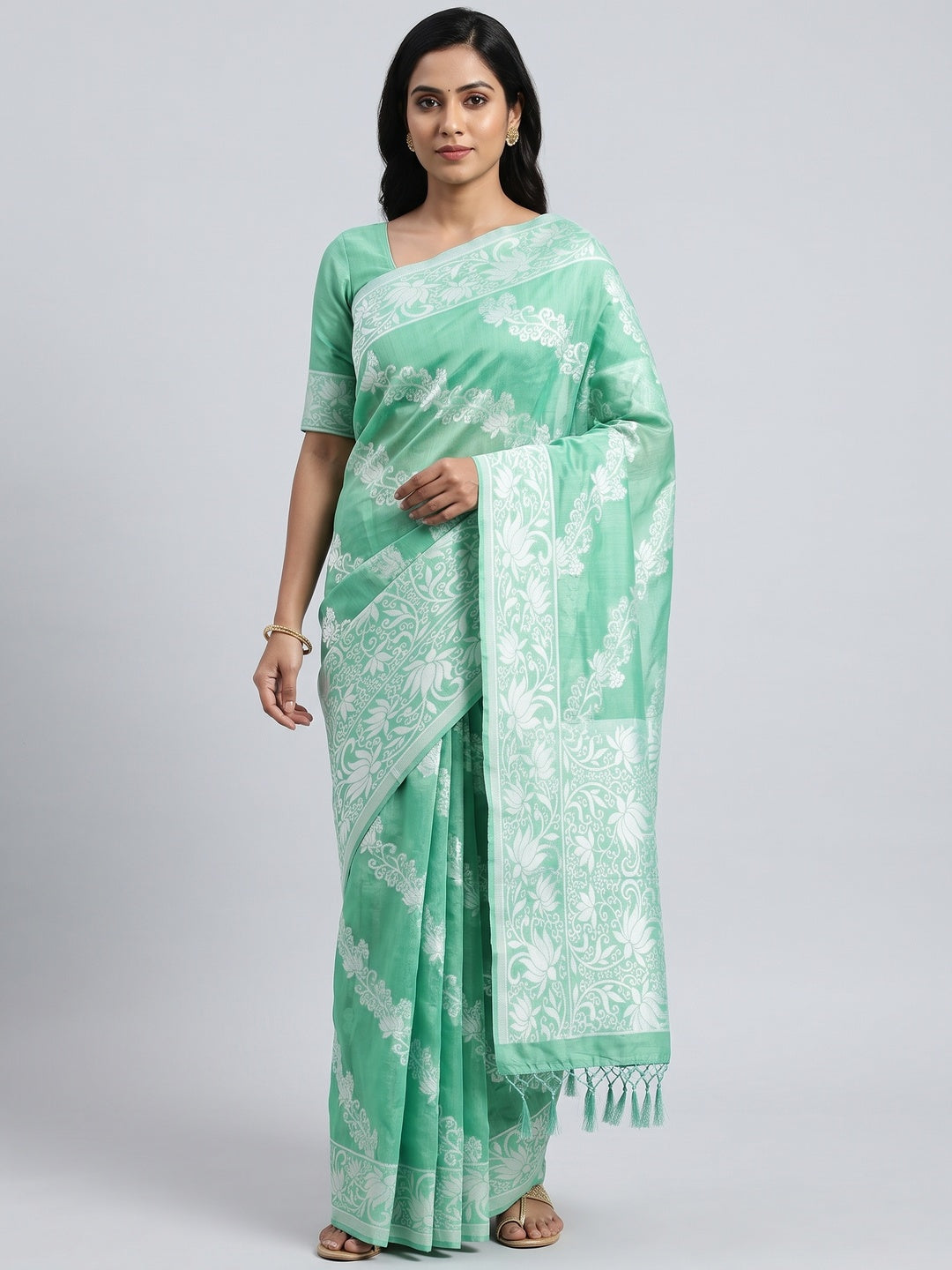 Rama Green Floral Woven Banarasi Silk Saree With Tassels - Image 1