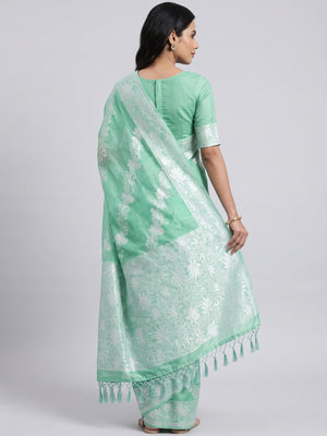 Rama Green Floral Woven Banarasi Silk Saree With Tassels - Image 2