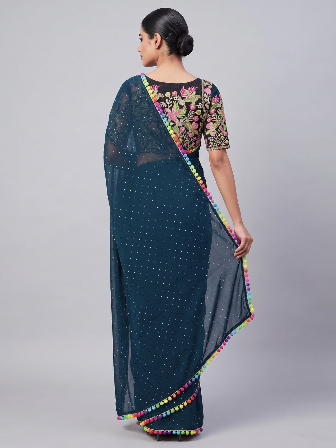 Teal Swarovski Work Embroidered Georgette Saree - Image 2
