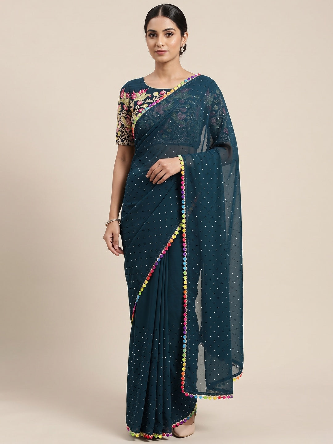 Teal Swarovski Work Embroidered Georgette Saree - Image 1