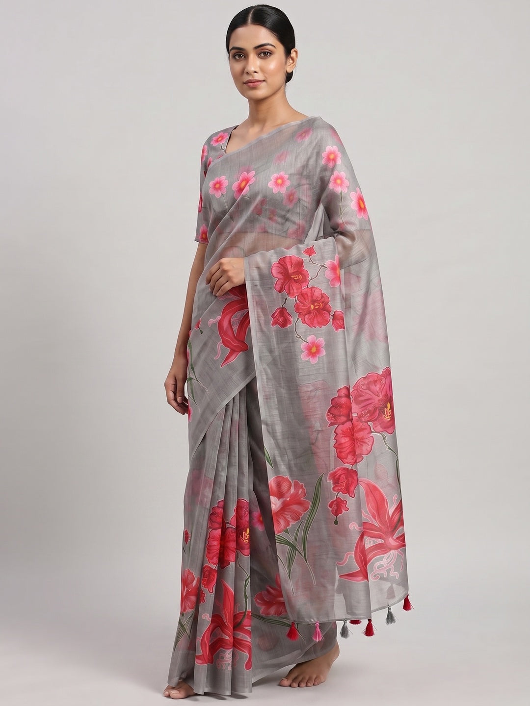 Grey Chanderi Cotton Saree Featuring Digital Floral Prints & Decorative Tassel Pallu - Image 1