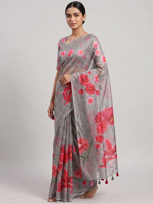 Grey Chanderi Cotton Saree Featuring Digital Floral Prints & Decorative Tassel Pallu - Image 1
