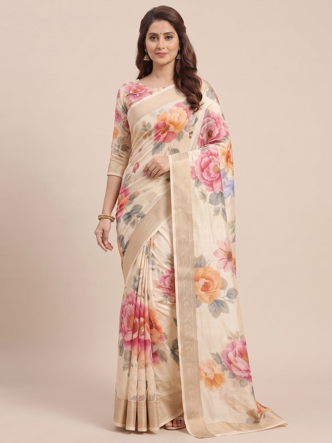 Elegant Cream Floral Digital Printed Tussar Dola Silk Saree Adorned With Rich Zari Weaving Border - Image 1