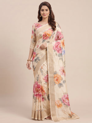 Elegant Cream Floral Digital Printed Tussar Dola Silk Saree Adorned With Rich Zari Weaving Border - Image 1
