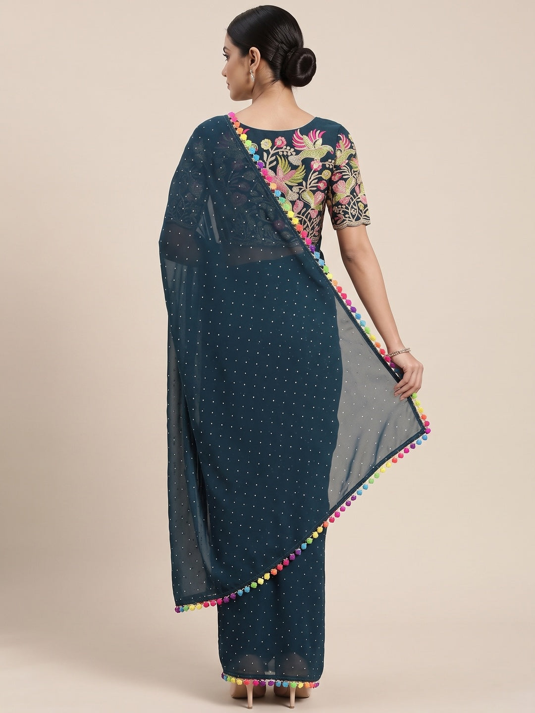 Teal Swarovski Work Embroidered Georgette Saree - Image 4