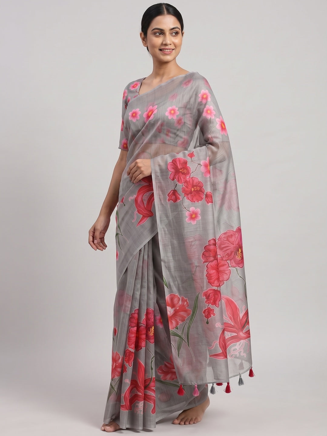 Grey Chanderi Cotton Saree Featuring Digital Floral Prints & Decorative Tassel Pallu - Image 4
