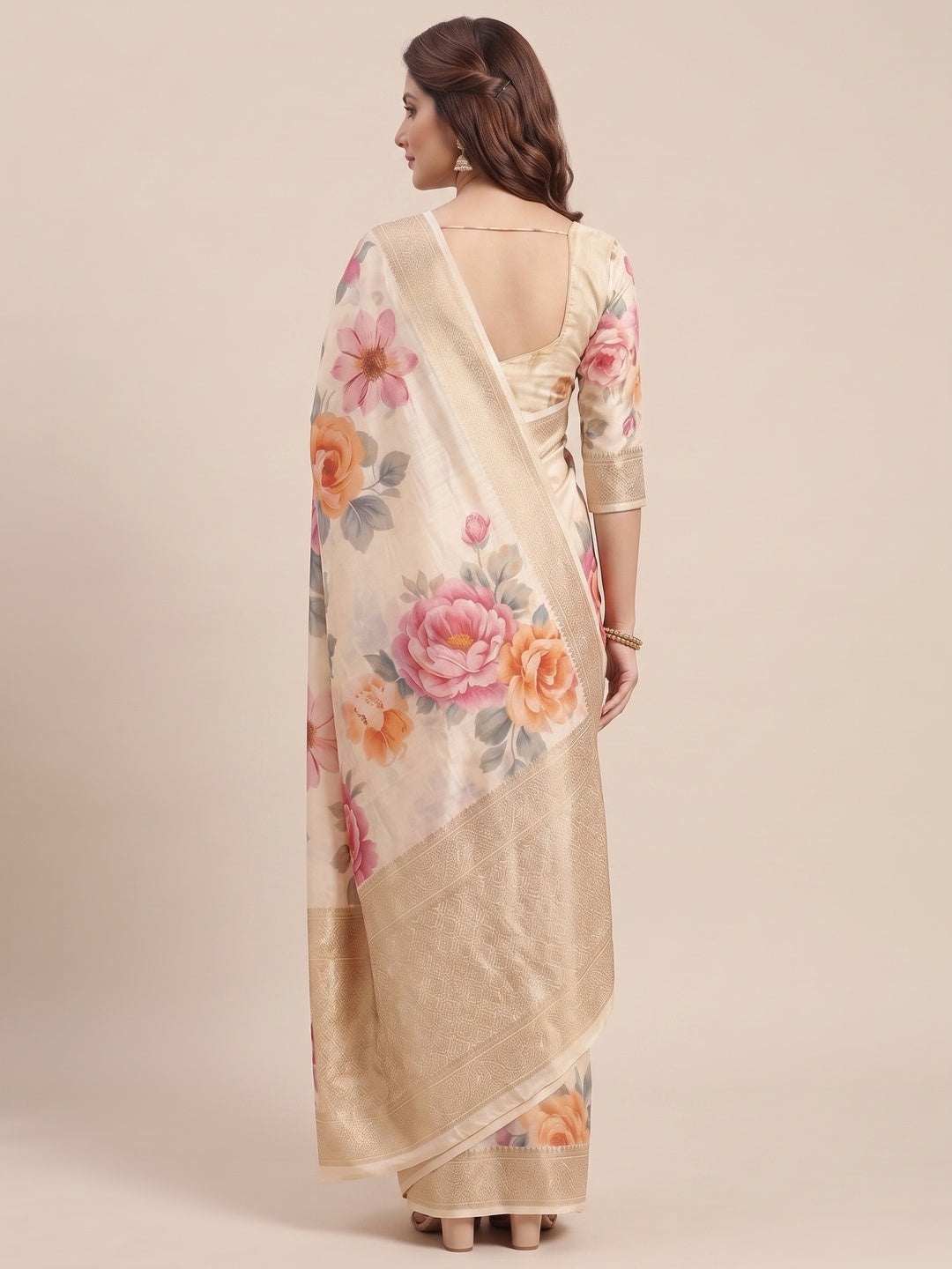 Elegant Cream Floral Digital Printed Tussar Dola Silk Saree Adorned With Rich Zari Weaving Border - Image 4