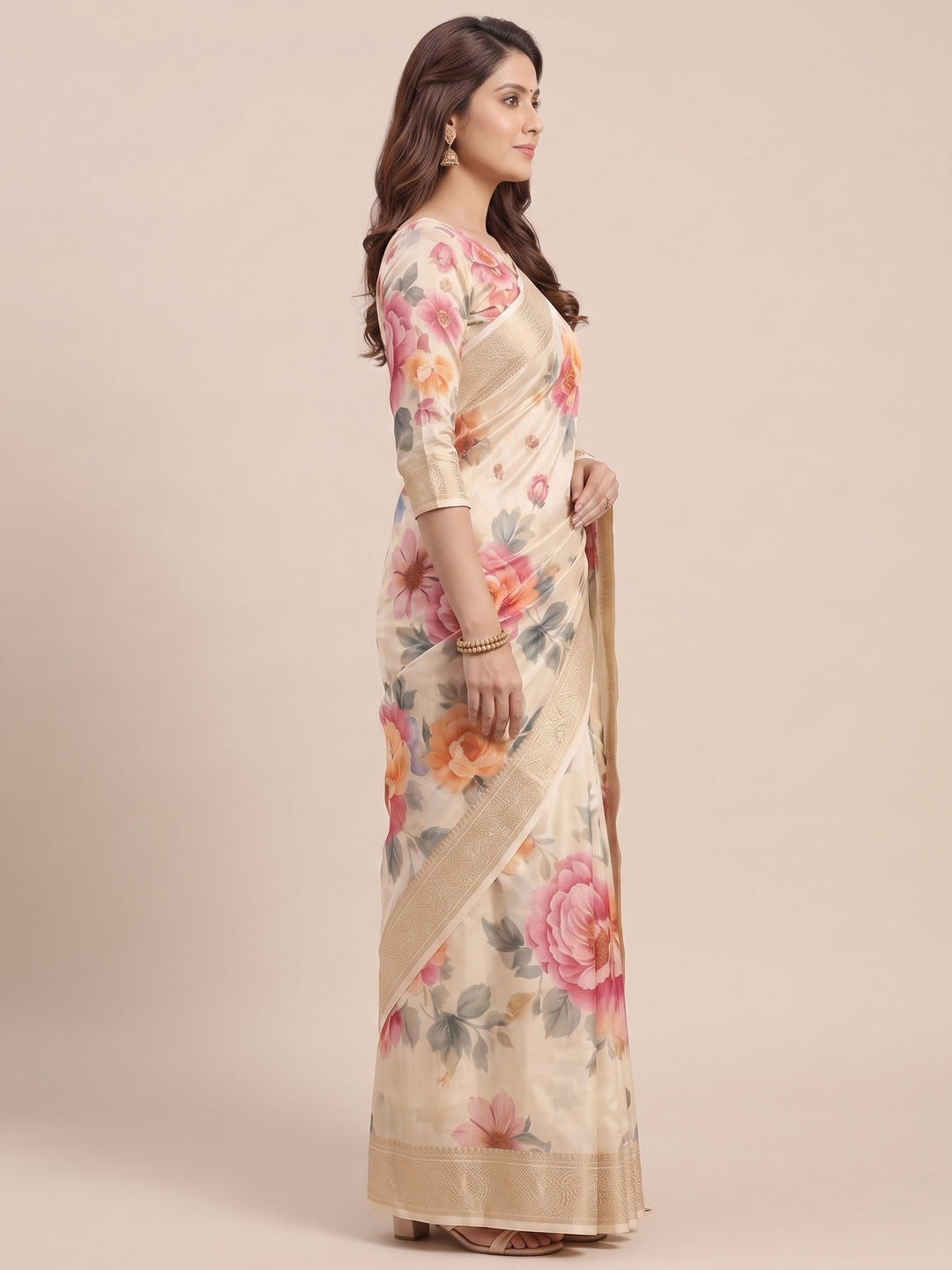 Elegant Cream Floral Digital Printed Tussar Dola Silk Saree Adorned With Rich Zari Weaving Border - Image 5