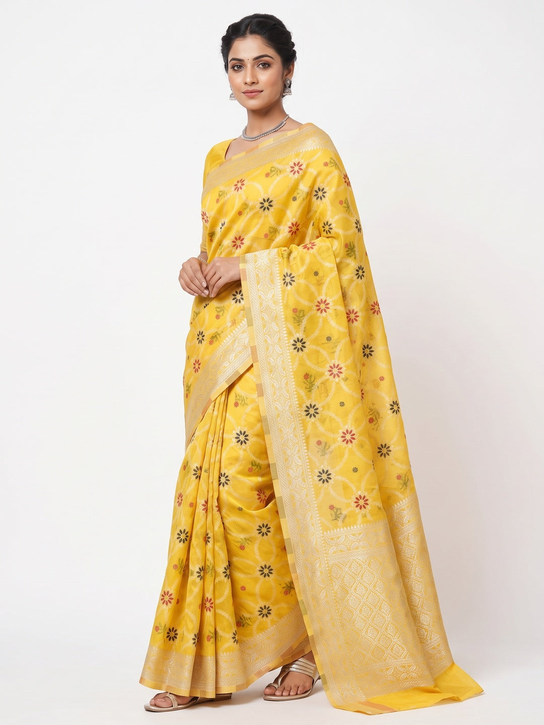 Rich Yellow Saree in Banarasi Silk with Heritage Floral Zari Design - Image 1