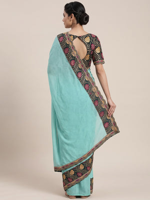 Turquoise Floral Printed Georgette Saree - Image 2