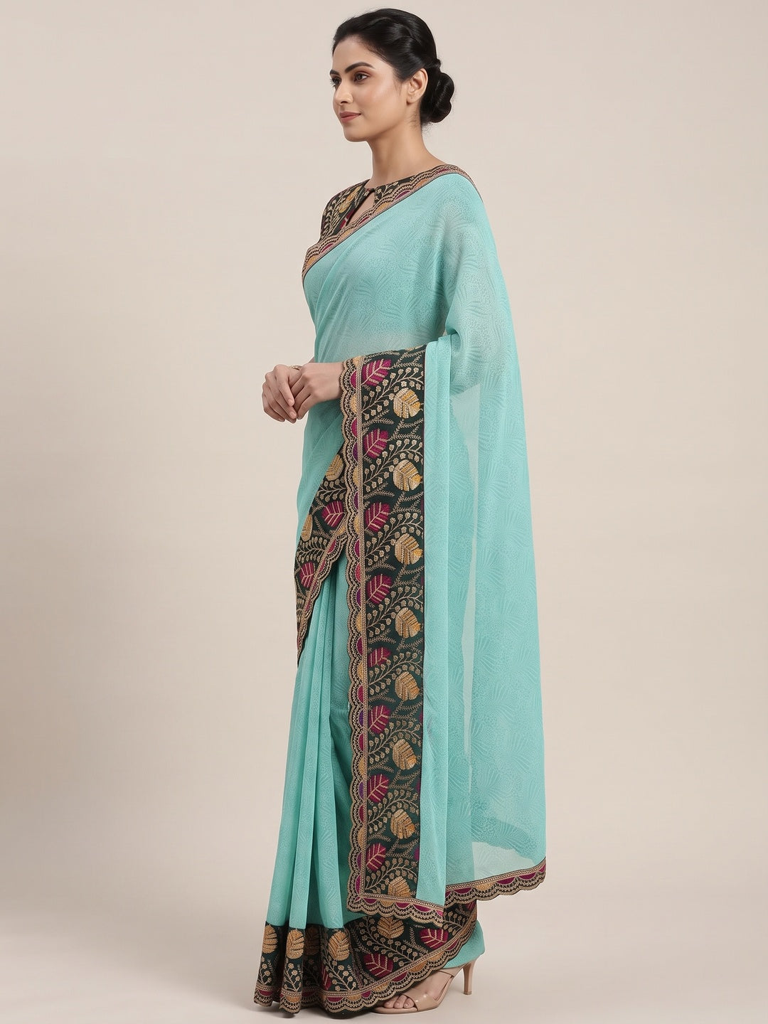 Turquoise Floral Printed Georgette Saree - Image 3