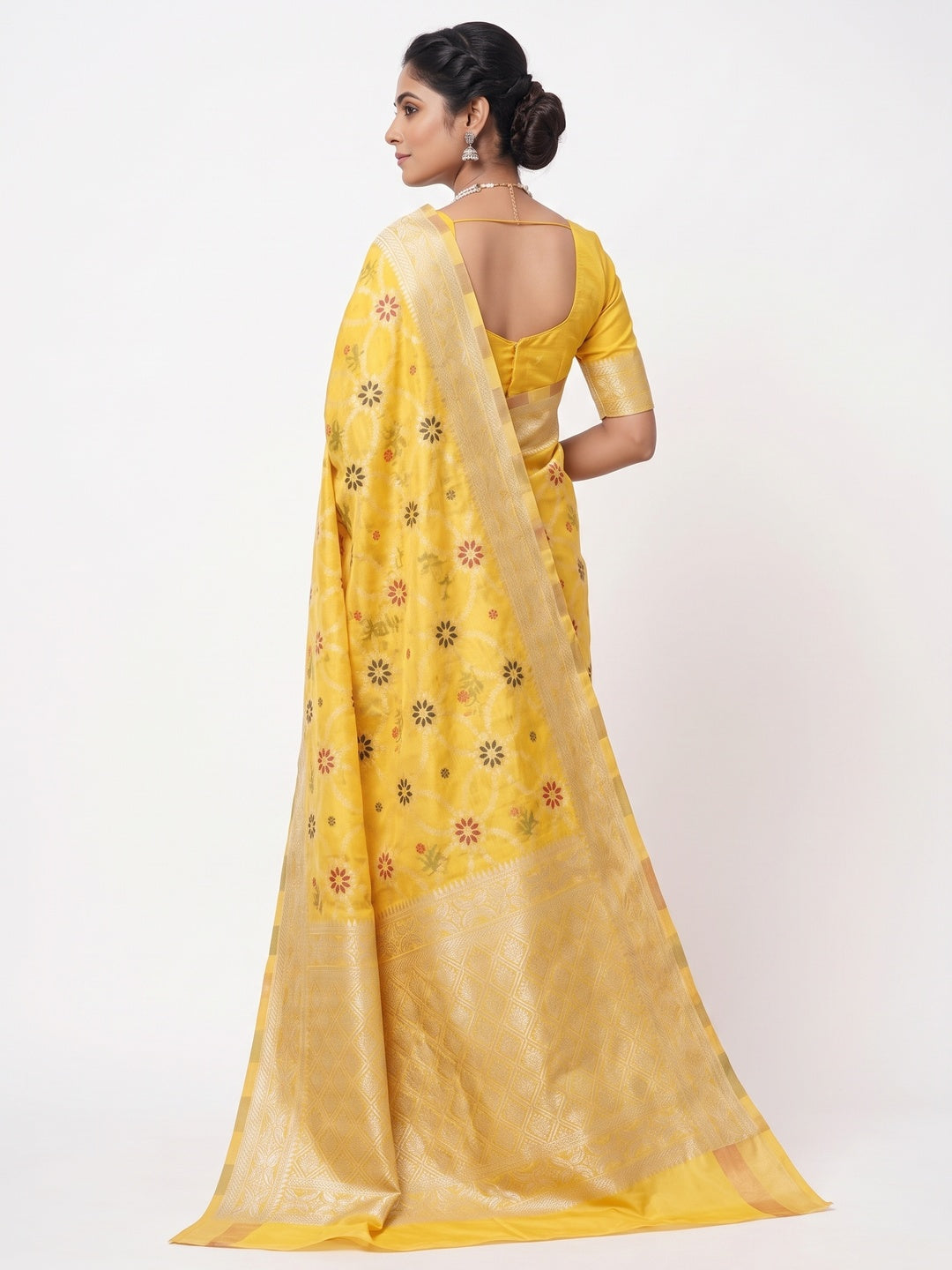 Rich Yellow Saree in Banarasi Silk with Heritage Floral Zari Design - Image 2
