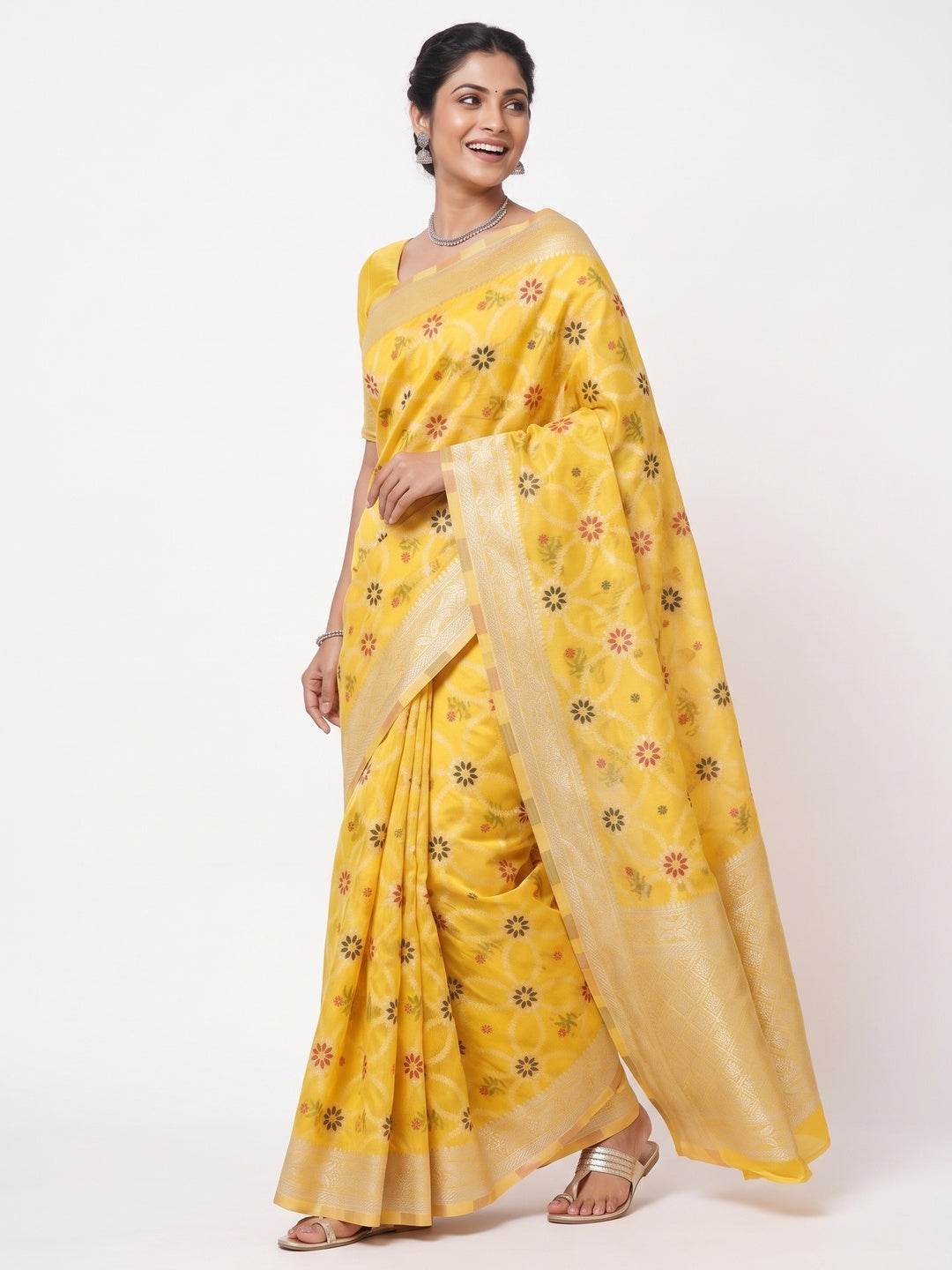 Rich Yellow Saree in Banarasi Silk with Heritage Floral Zari Design - Image 4