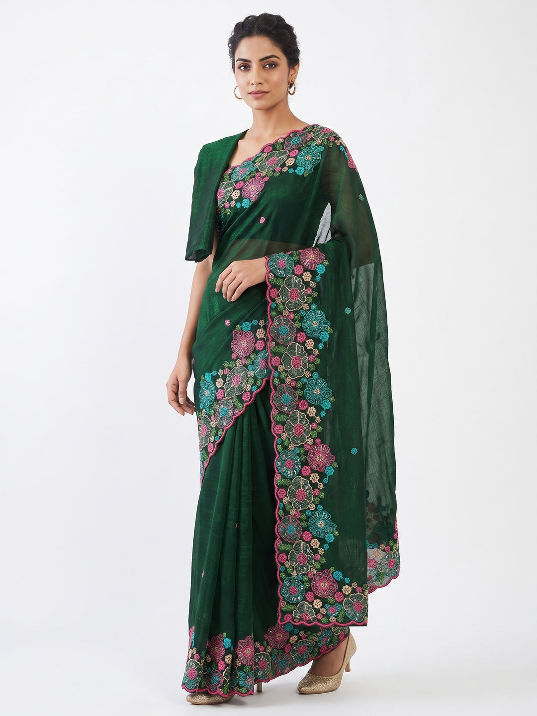 Green Sheer Chiffon Saree with Artistic Floral Sequins Work - Image 1
