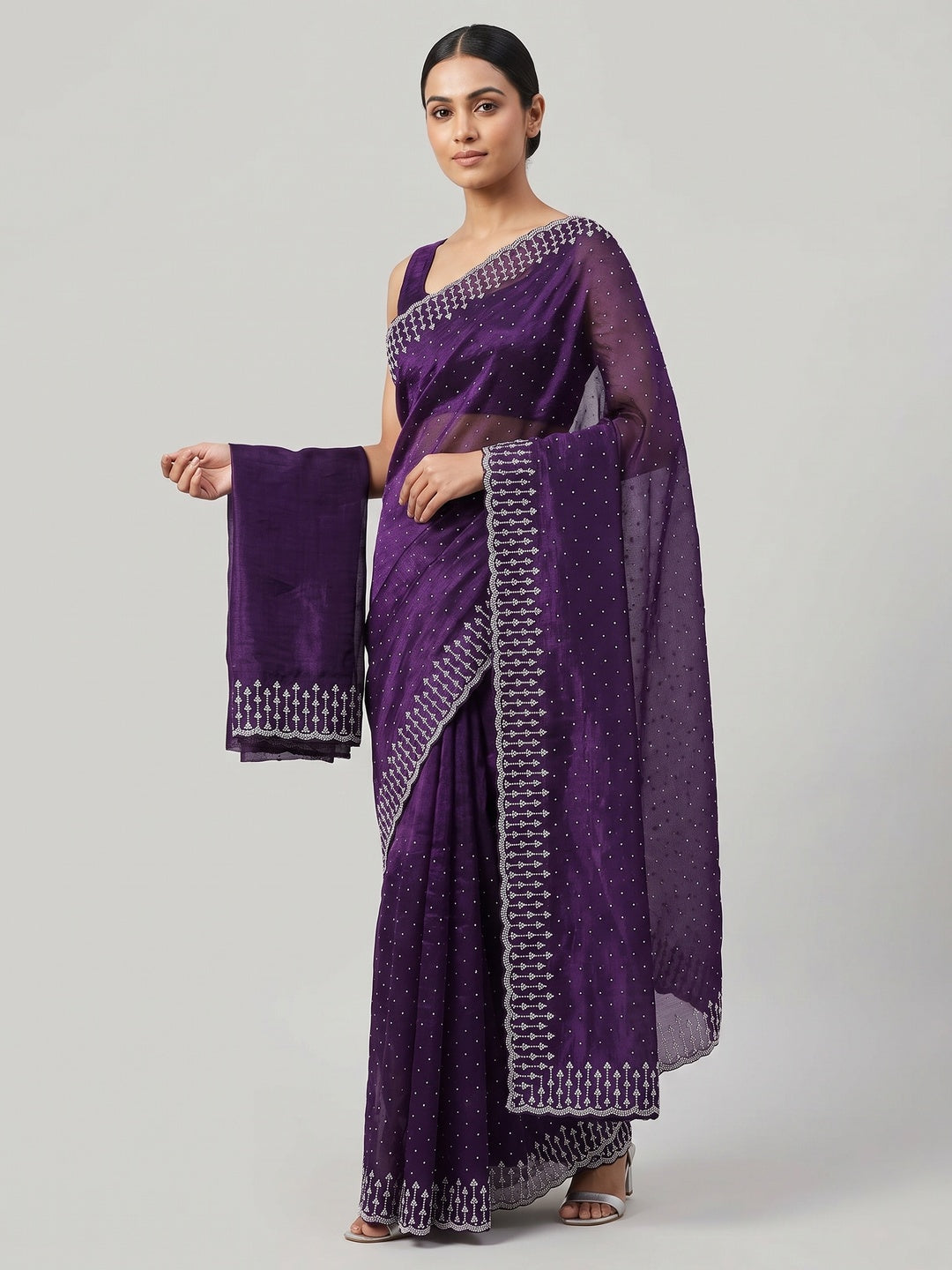 Purple Organza Embellished Saree Adorned with Sparkling Stone Work - Image 1