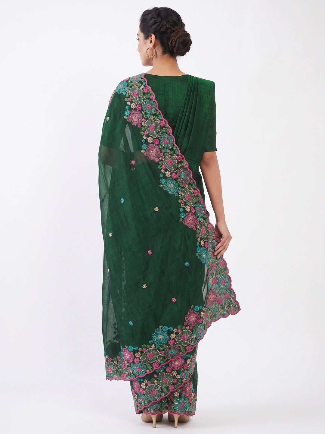 Green Sheer Chiffon Saree with Artistic Floral Sequins Work - Image 2