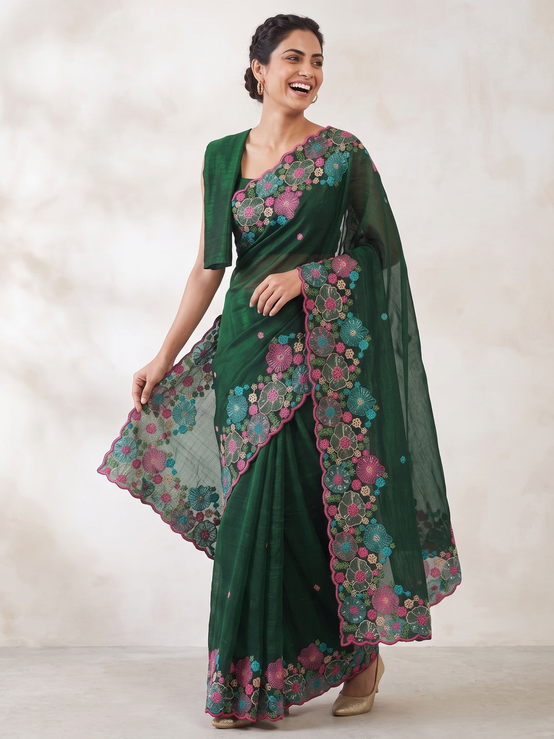 Green Sheer Chiffon Saree with Artistic Floral Sequins Work - Image 4