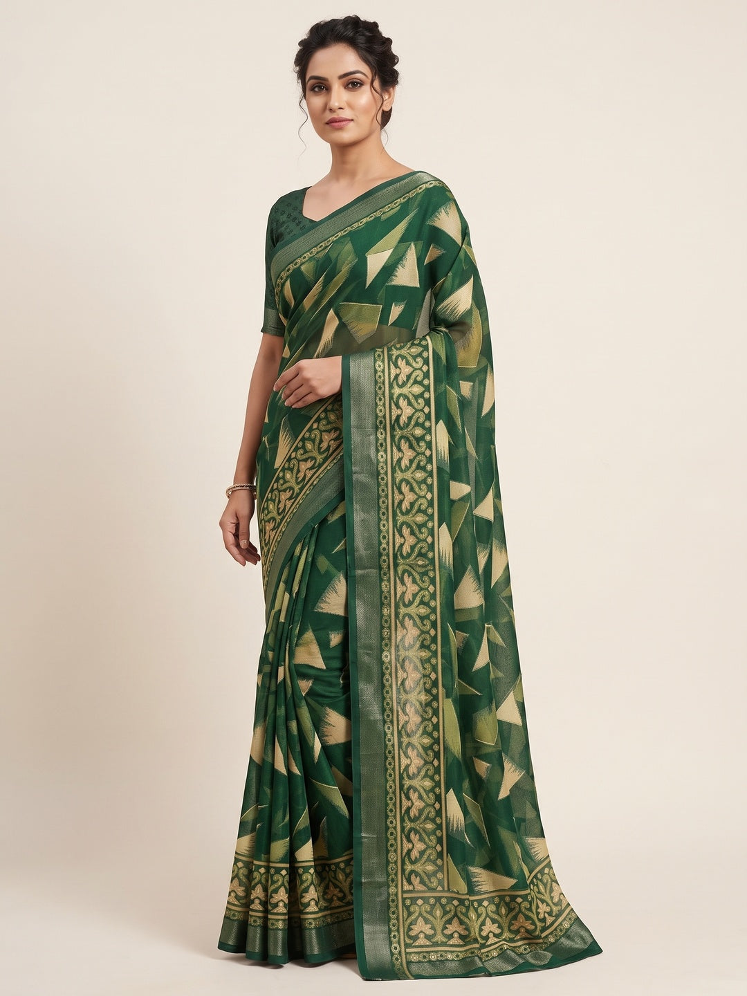Green Saree in Brasso with Contemporary Geometric Print - Image 1