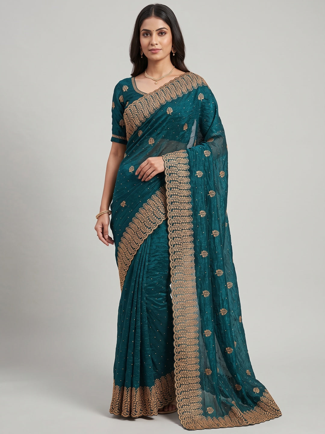 Dark Teal Chiffon Saree with Shimmering Stone Detailing - Image 1