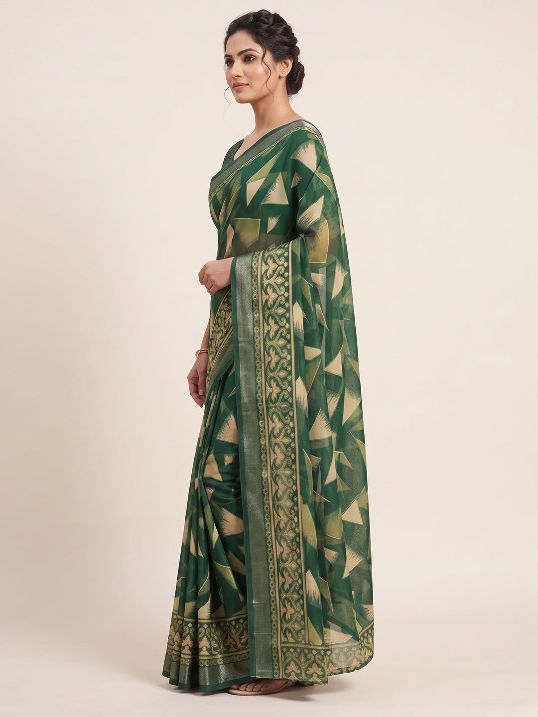 Green Saree in Brasso with Contemporary Geometric Print - Image 3