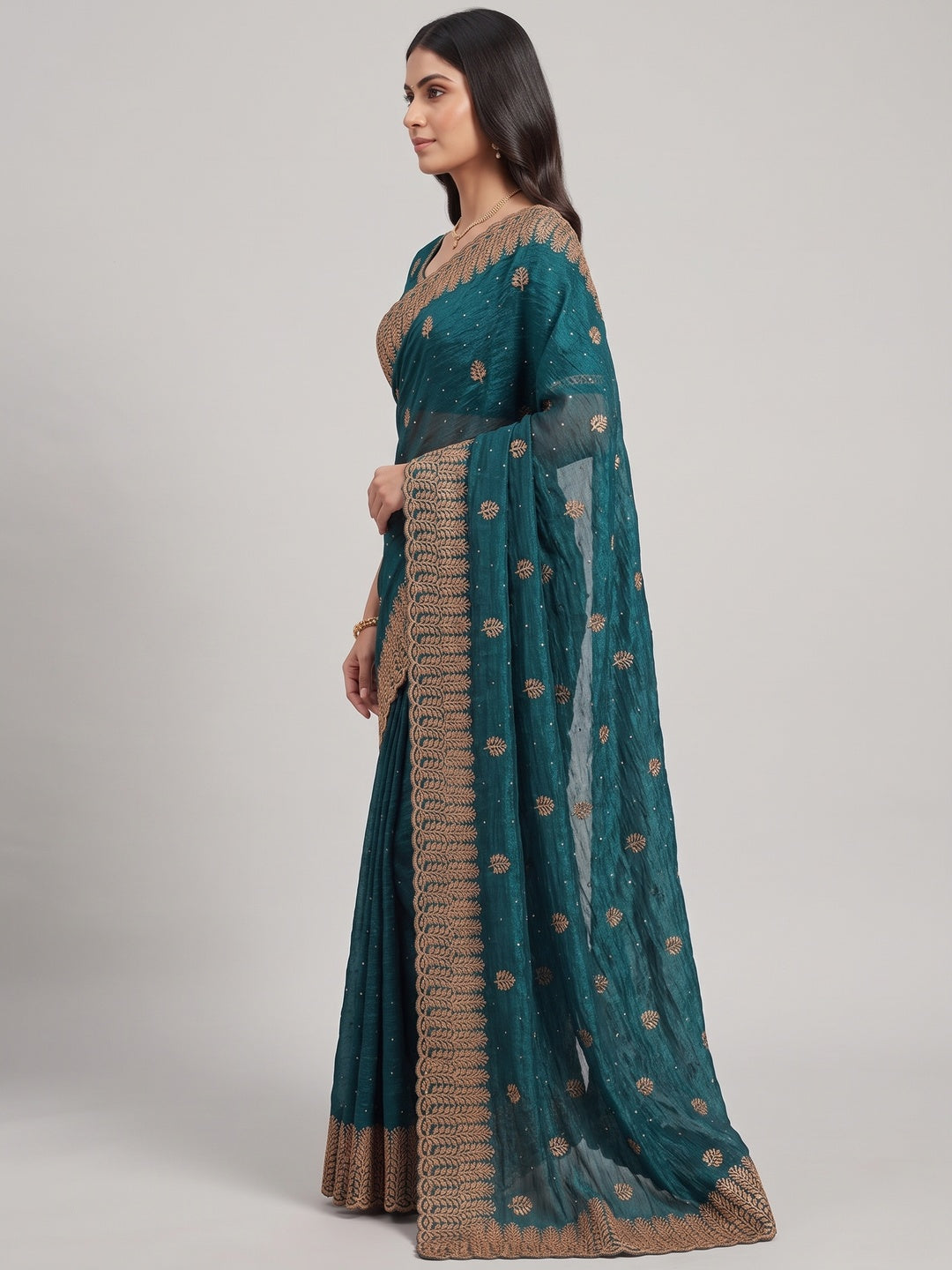 Dark Teal Chiffon Saree with Shimmering Stone Detailing - Image 3