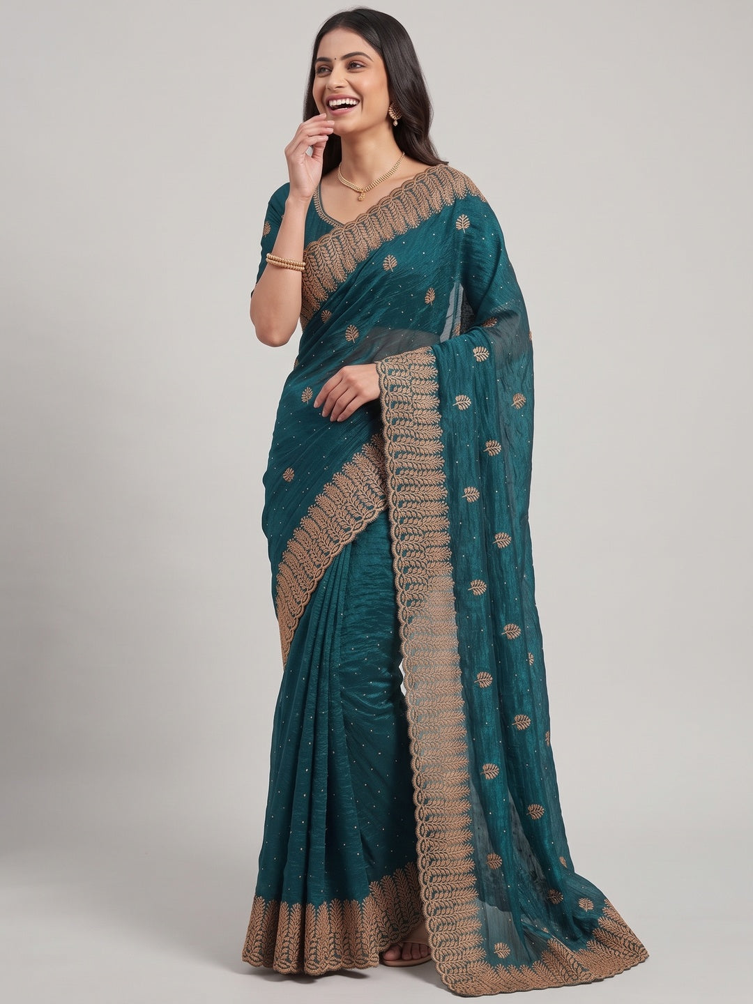 Dark Teal Chiffon Saree with Shimmering Stone Detailing - Image 4