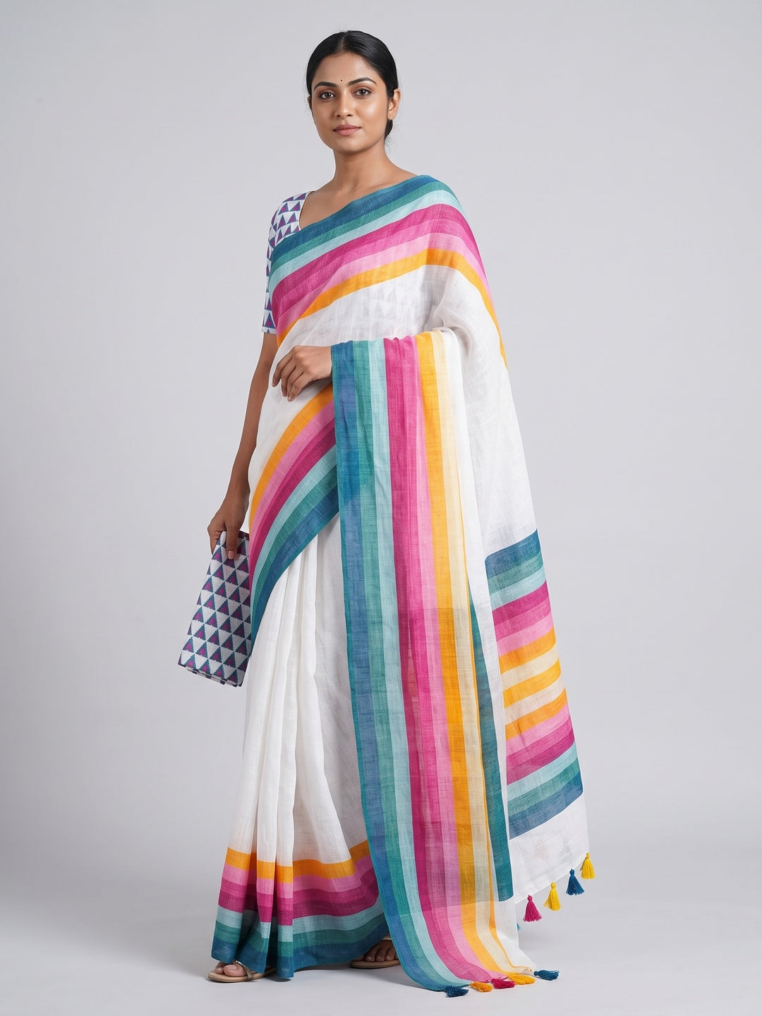 White Linen Saree Designed with Modern Striped Prints and Trendy Tassel Detailing - Image 1