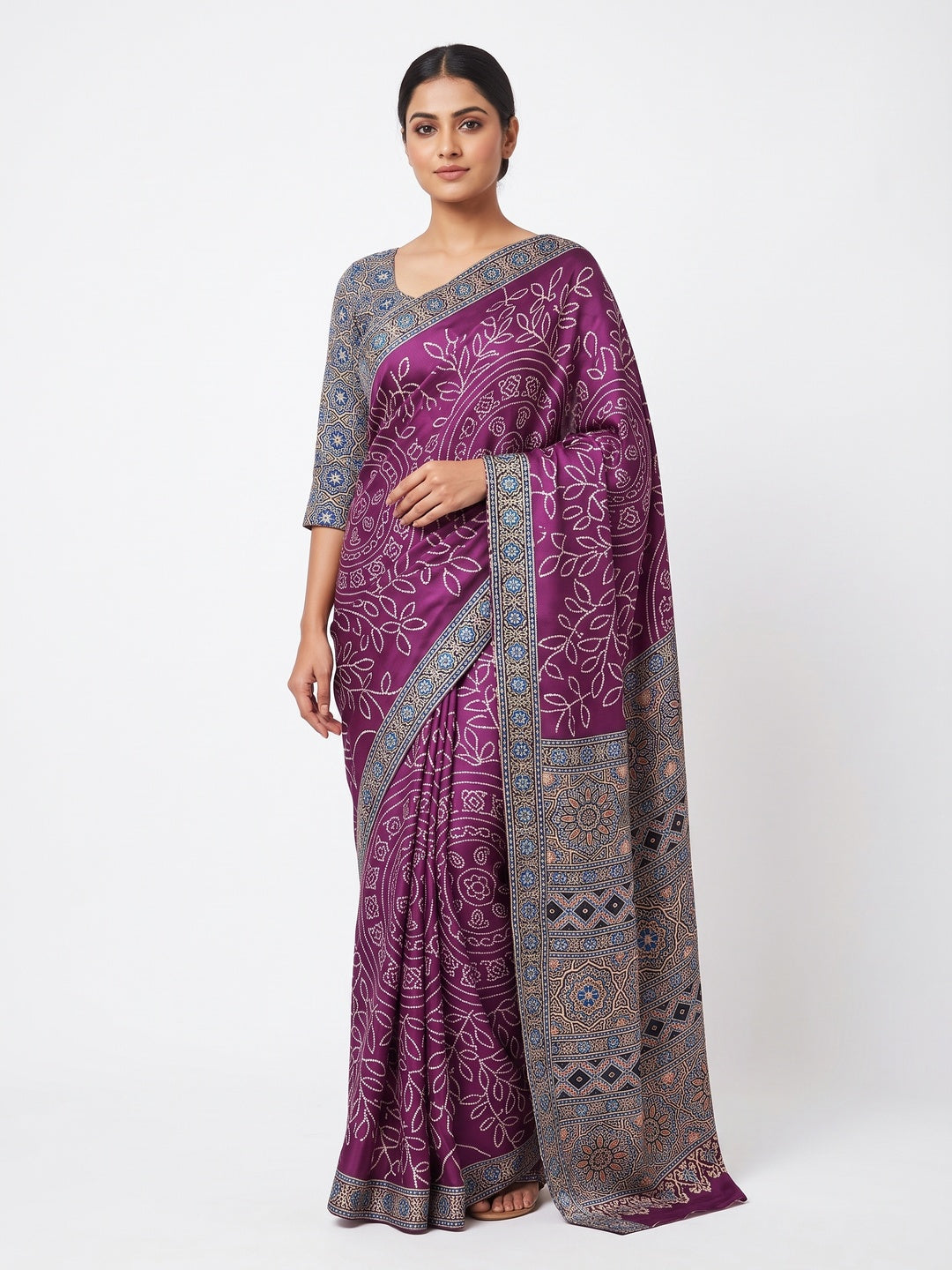 Purple Moss Satin Silk Saree Featuring Bandhani Print & Ajrakh Pallu Work - Image 1