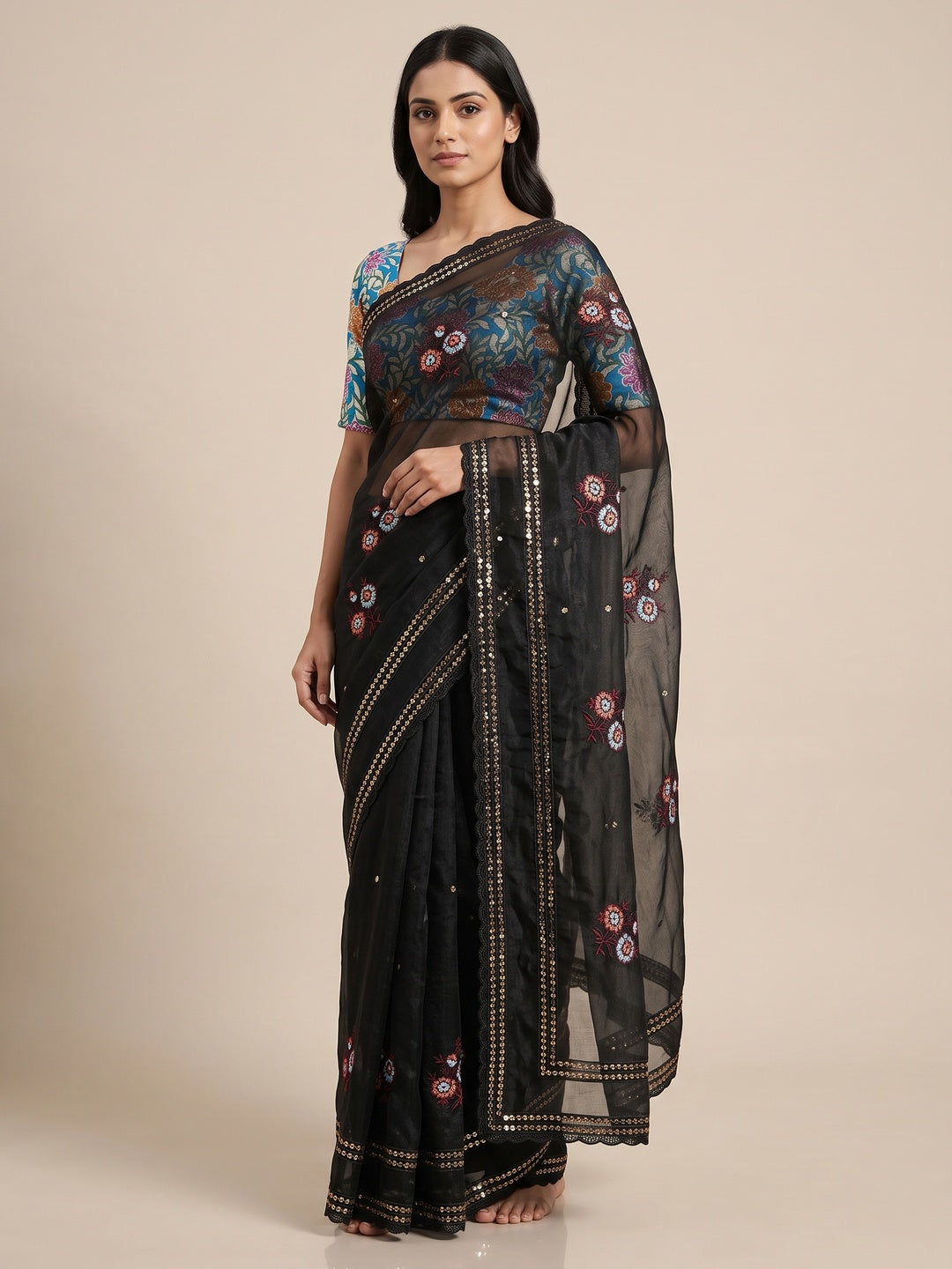 Black Floral Sequins Embroidered Organza Saree for Special Occasions - Image 1