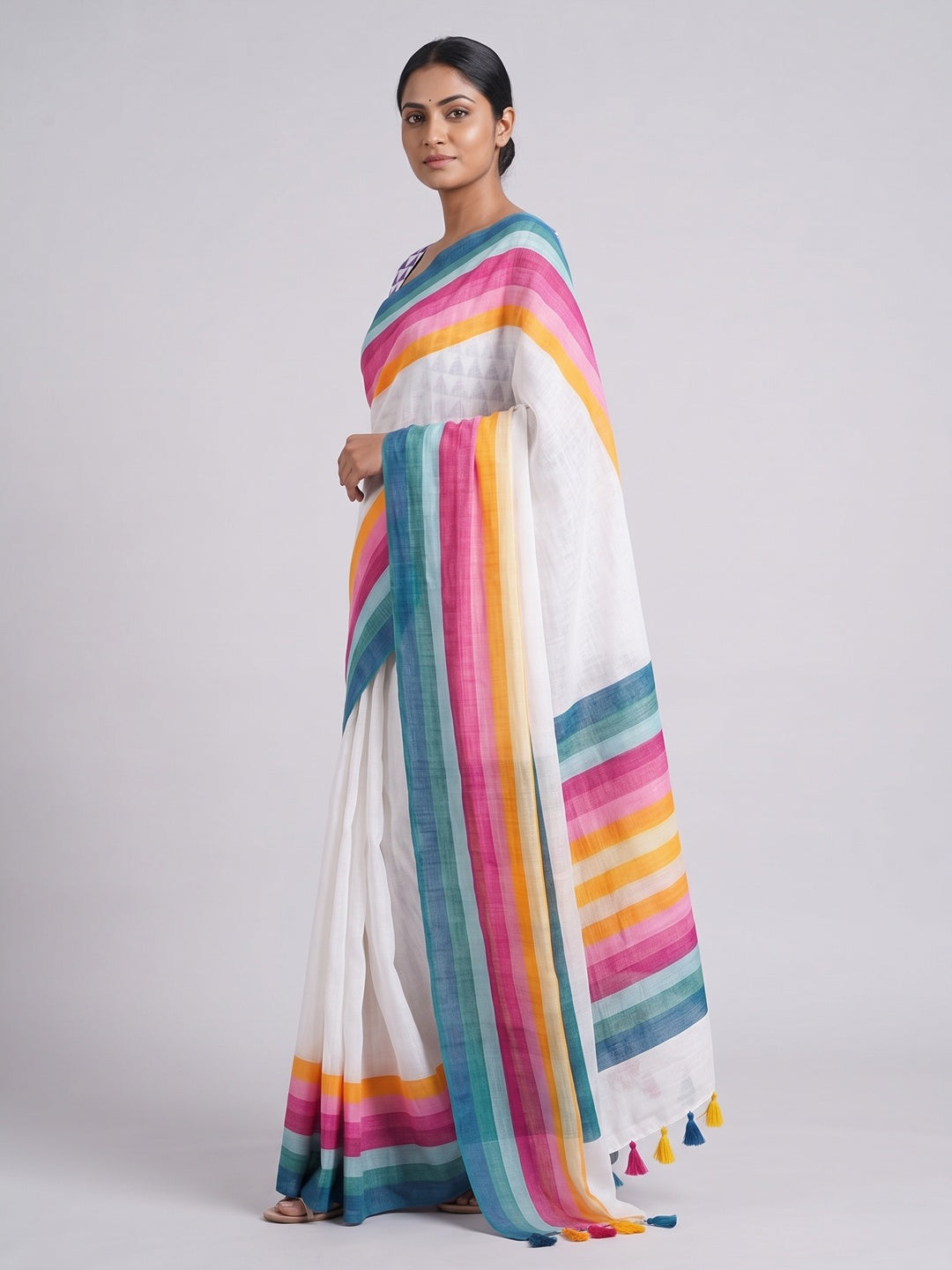 White Linen Saree Designed with Modern Striped Prints and Trendy Tassel Detailing - Image 3