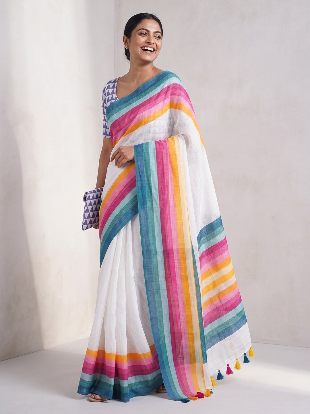 White Linen Saree Designed with Modern Striped Prints and Trendy Tassel Detailing - Image 4