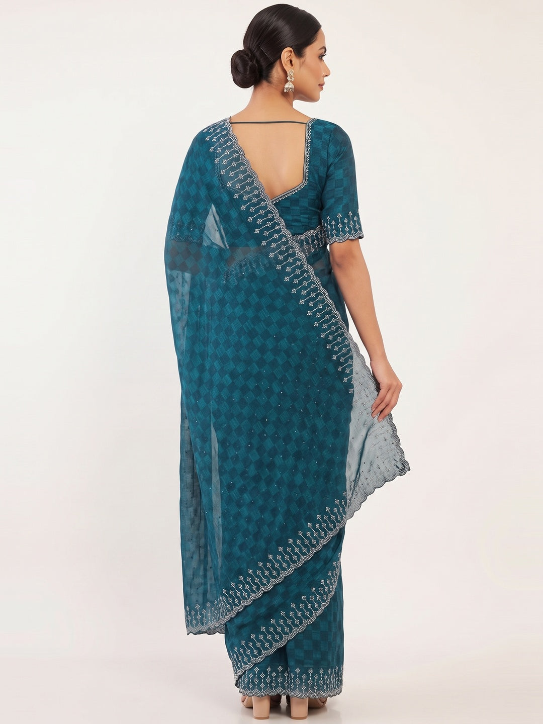 Elegant Morpich Blue Checks Chiffon Silk Saree Embellished With Swarovski Crystals - Image 2