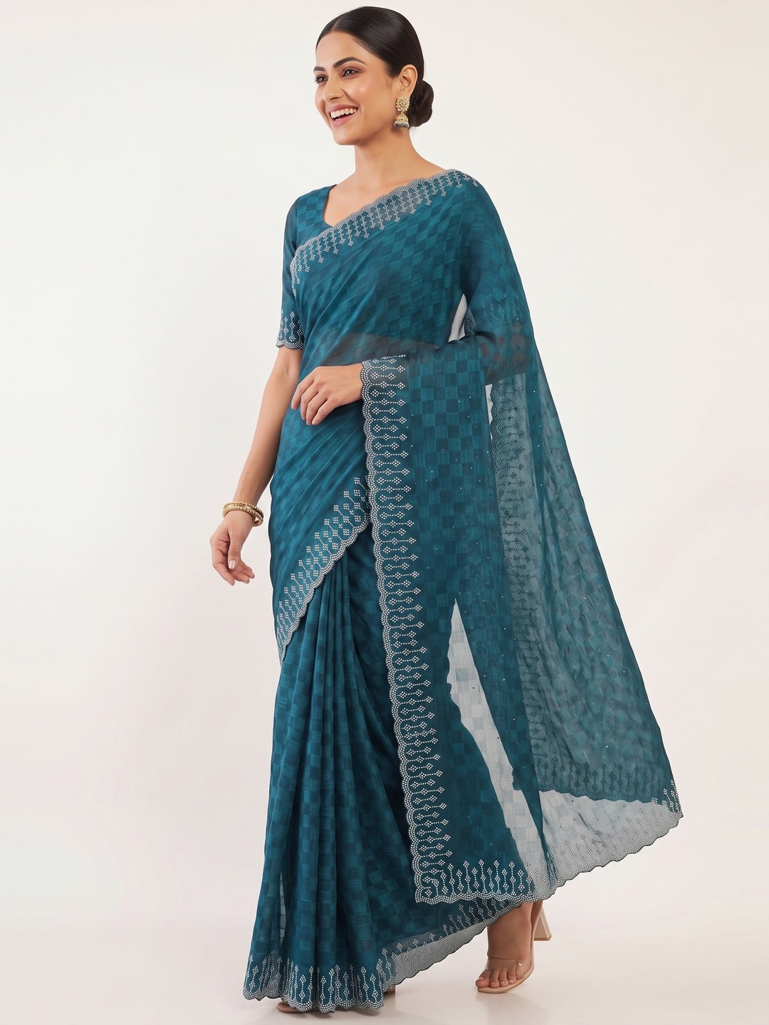 Elegant Morpich Blue Checks Chiffon Silk Saree Embellished With Swarovski Crystals - Image 4