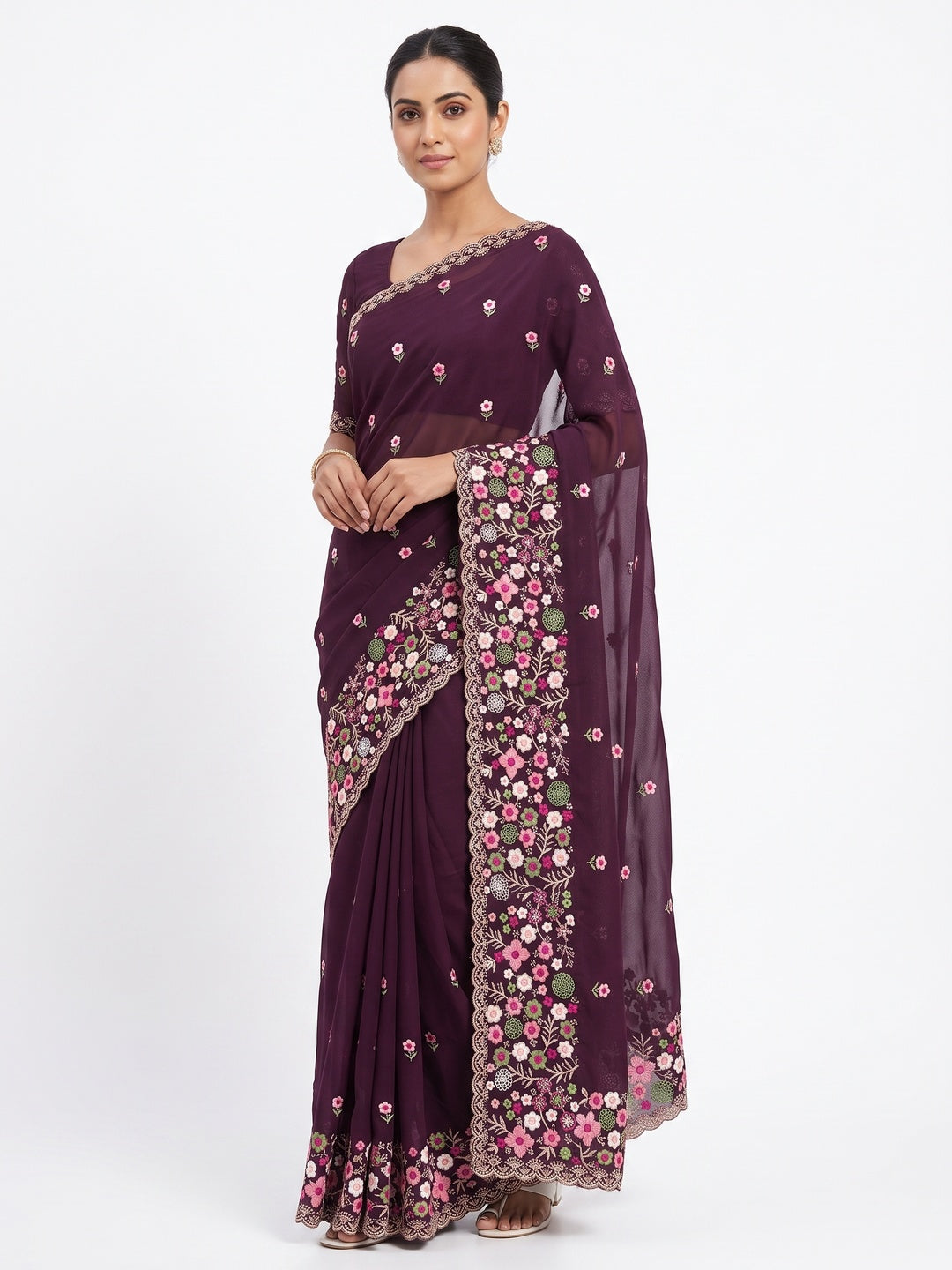 Graceful Wine Georgette Saree Featuring Exquisite Floral Thread Embroidery Work - Image 2