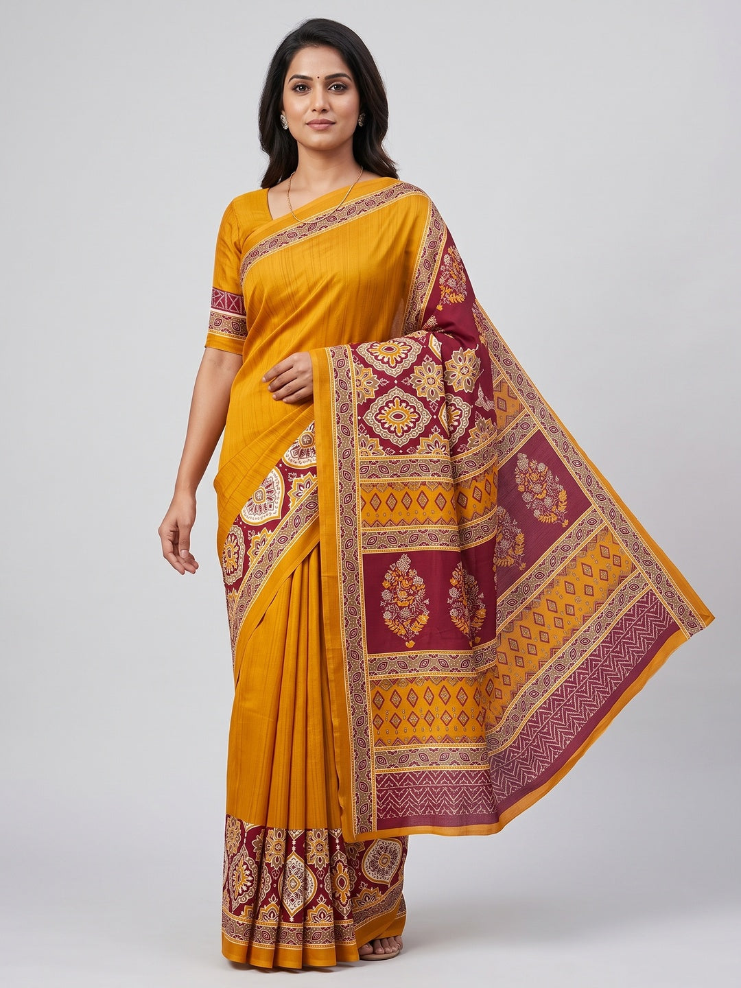 Mustard Premium Crepe Silk Lightweight Saree Adorned with Classic Ajrakh Patterns - Image 1