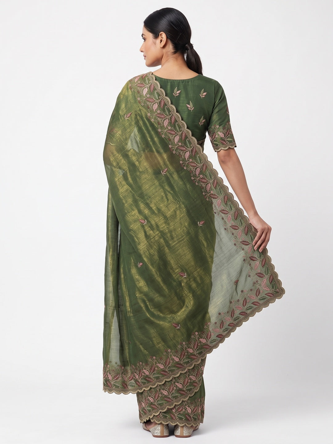 Mesmerizing Green Chiffon Saree Showcasing Artistic Floral Embroidery For A Luxurious Appeal - Image 6