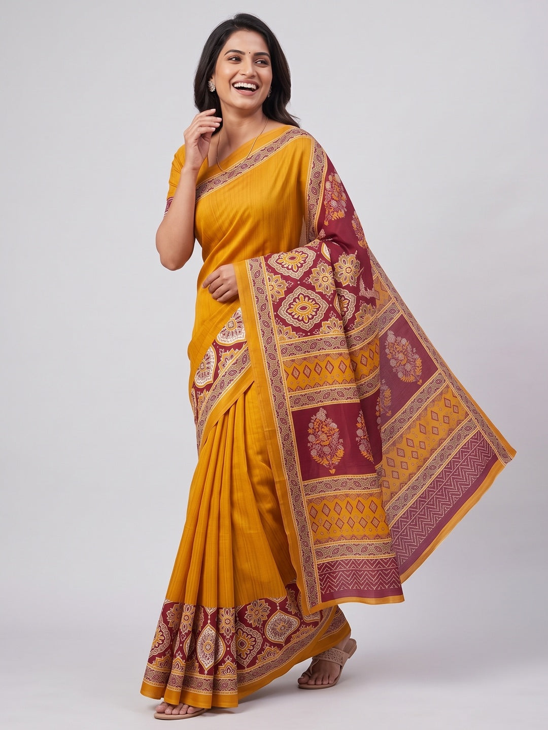 Mustard Premium Crepe Silk Lightweight Saree Adorned with Classic Ajrakh Patterns - Image 4