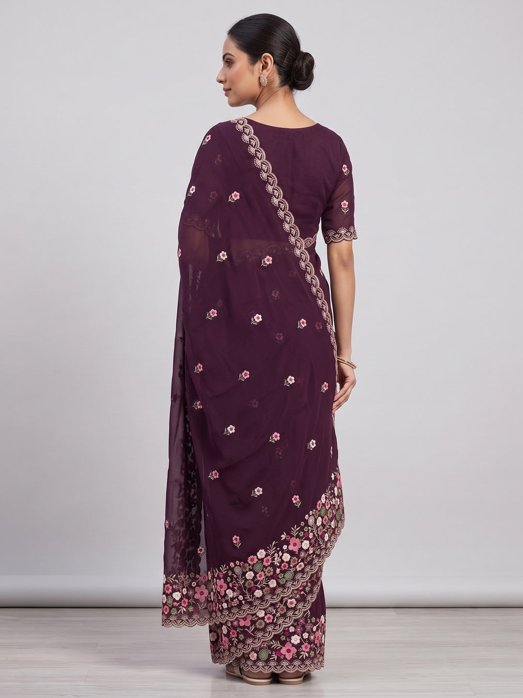 Graceful Wine Georgette Saree Featuring Exquisite Floral Thread Embroidery Work - Image 6