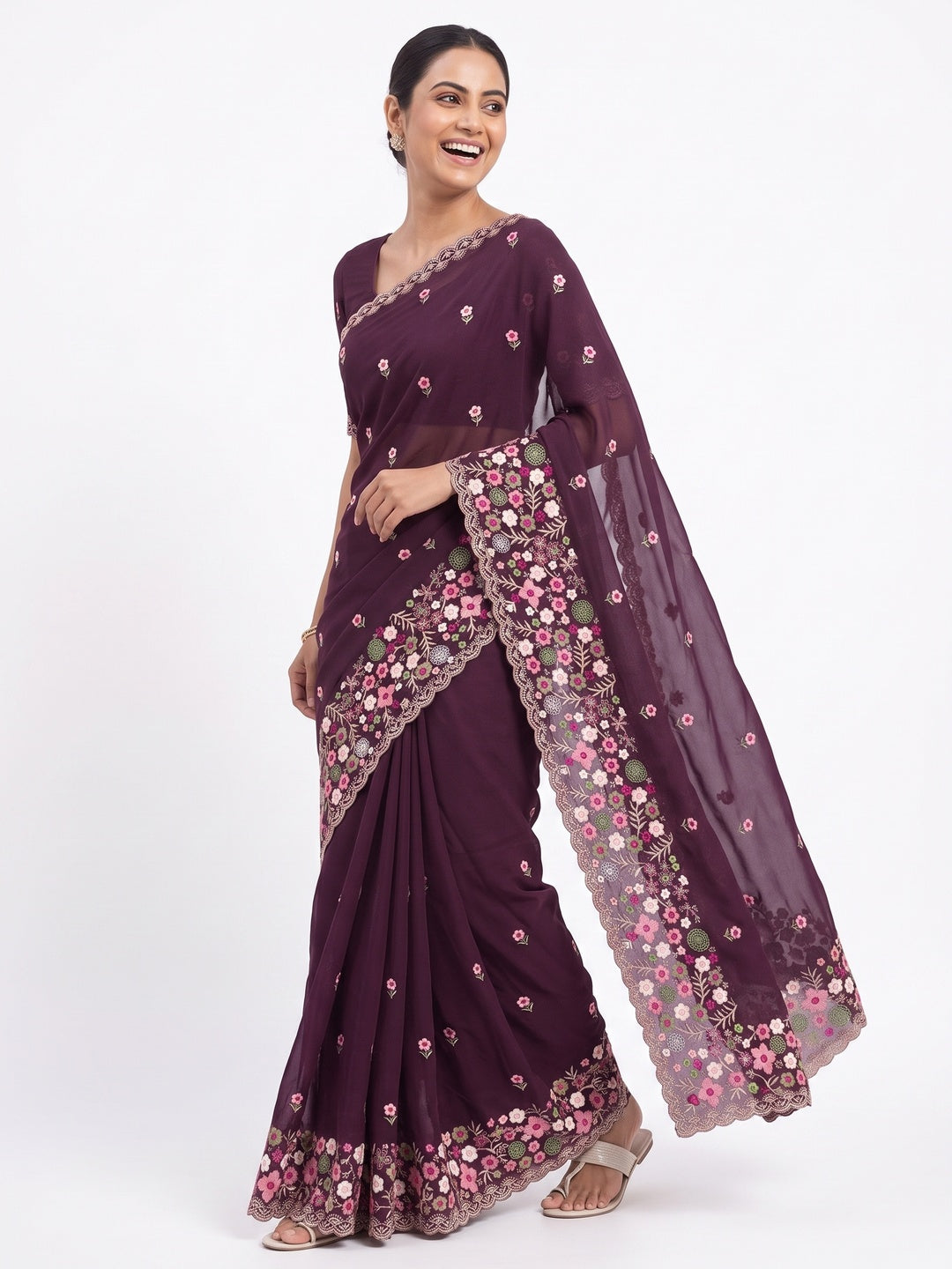 Graceful Wine Georgette Saree Featuring Exquisite Floral Thread Embroidery Work - Image 1