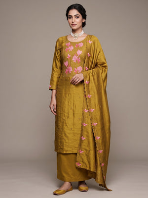 Mustard Floral Embroidered Vichitra Silk Dress Material for Elegant Ethnic Styling - Image 1