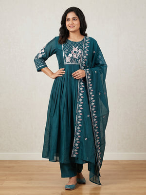 Teal Green Mul Chanderi Floral Embroidered Salwar Suit Set - Image 1