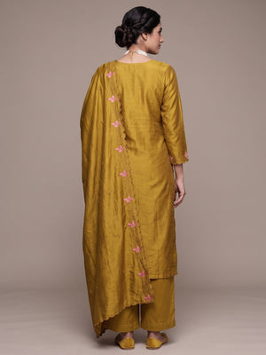 Mustard Floral Embroidered Vichitra Silk Dress Material for Elegant Ethnic Styling - Image 2